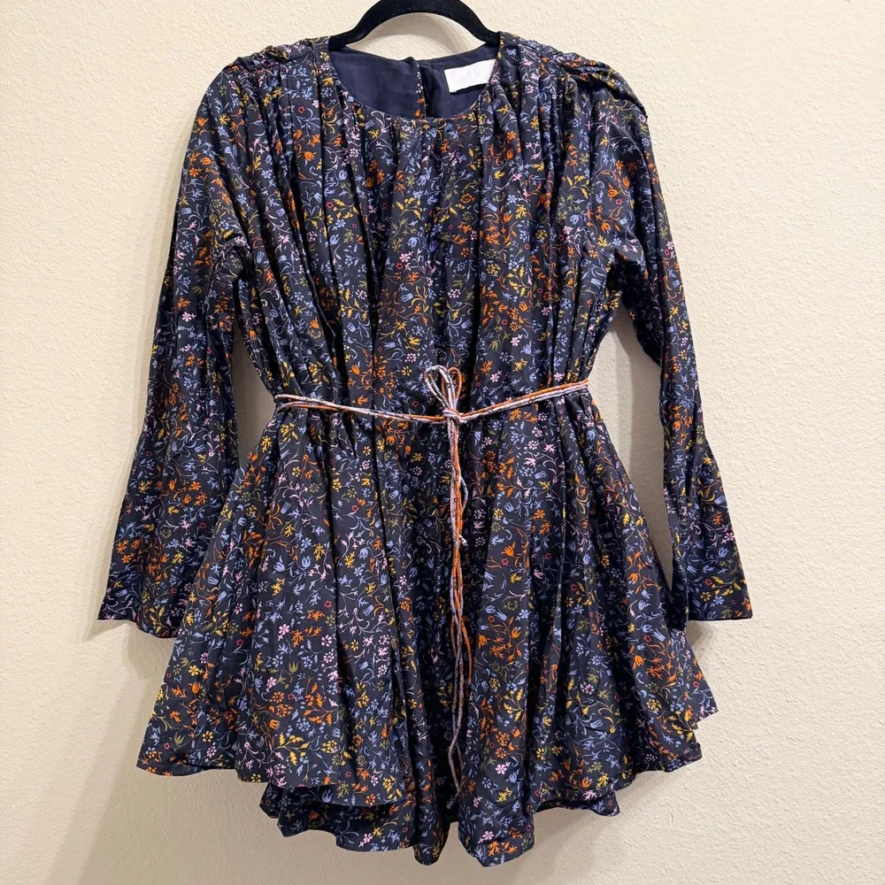 Elliette Tate Floral Silk‎ Mini Dress Womens 4 Navy Blue Rope Belted Bloomcore